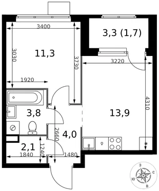 Планировка 1-комн. квартира, 36.8 м² ЖК «1-й Химкинский»