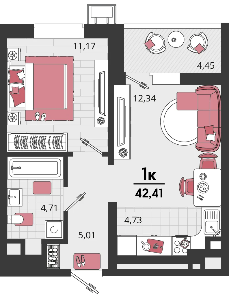 Планировка 2-комн. квартира, 42.41 м² ЖК «Родные просторы»