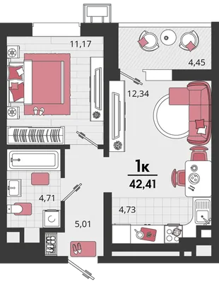 Планировка 2-комн. квартира, 42.41 м² ЖК «Родные просторы»