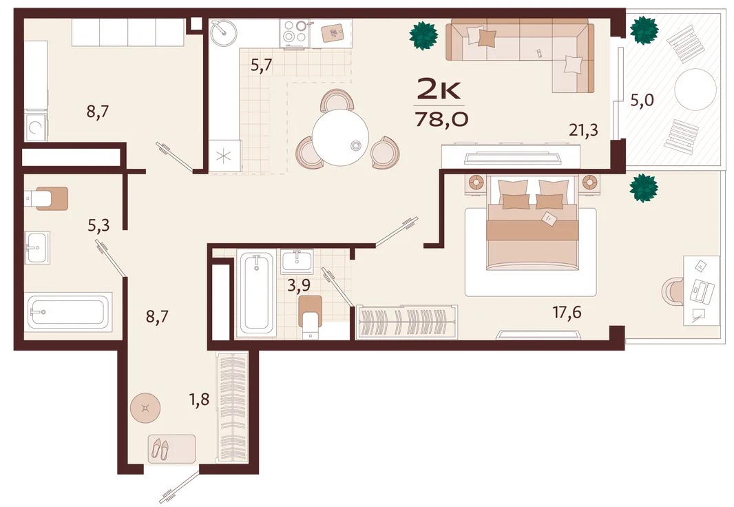 Планировка 2-комн. квартира, 78 м² ЖК «Роялта»