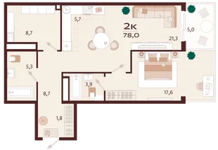 Планировка 2-комн. квартира, 78 м² ЖК «Роялта»