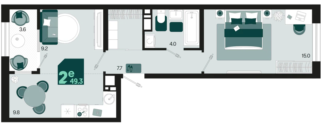 Планировка 2-комн. квартира, 49.3 м² ЖК «Первое место»