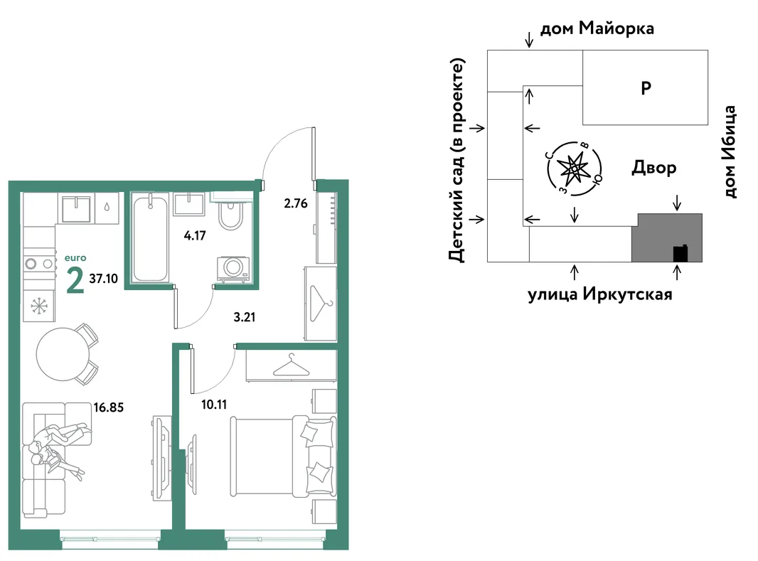 Планировка 2-комн. квартира, 37.1 м² ЖК «Остров-сад»