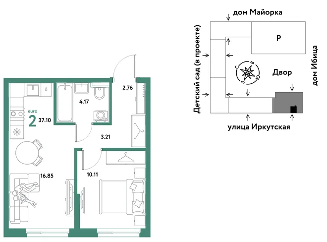 Планировка 2-комн. квартира, 37.1 м² ЖК «Остров-сад» Планировка 2-комн. квартира, 37.1 м² ЖК «Остров-сад»
