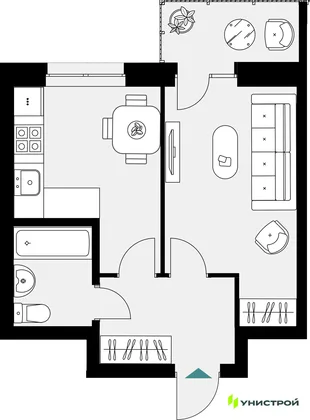 Планировка 1-комн. квартира, 34.92 м² ЖК «Уникум на Амирхана»