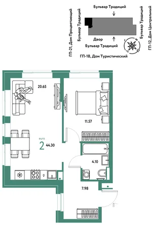 Планировка 2-комн. квартира, 44.3 м² ЖК «Микрорайон Домашний»
