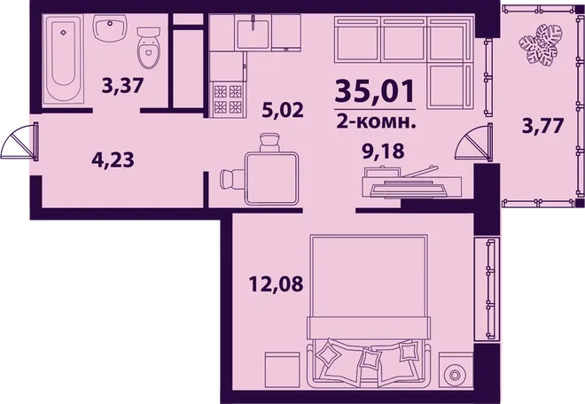 Планировка 2-комн. квартира, 35.01 м² ЖК «Сиреневый» Планировка 2-комн. квартира, 35.01 м² ЖК «Сиреневый»