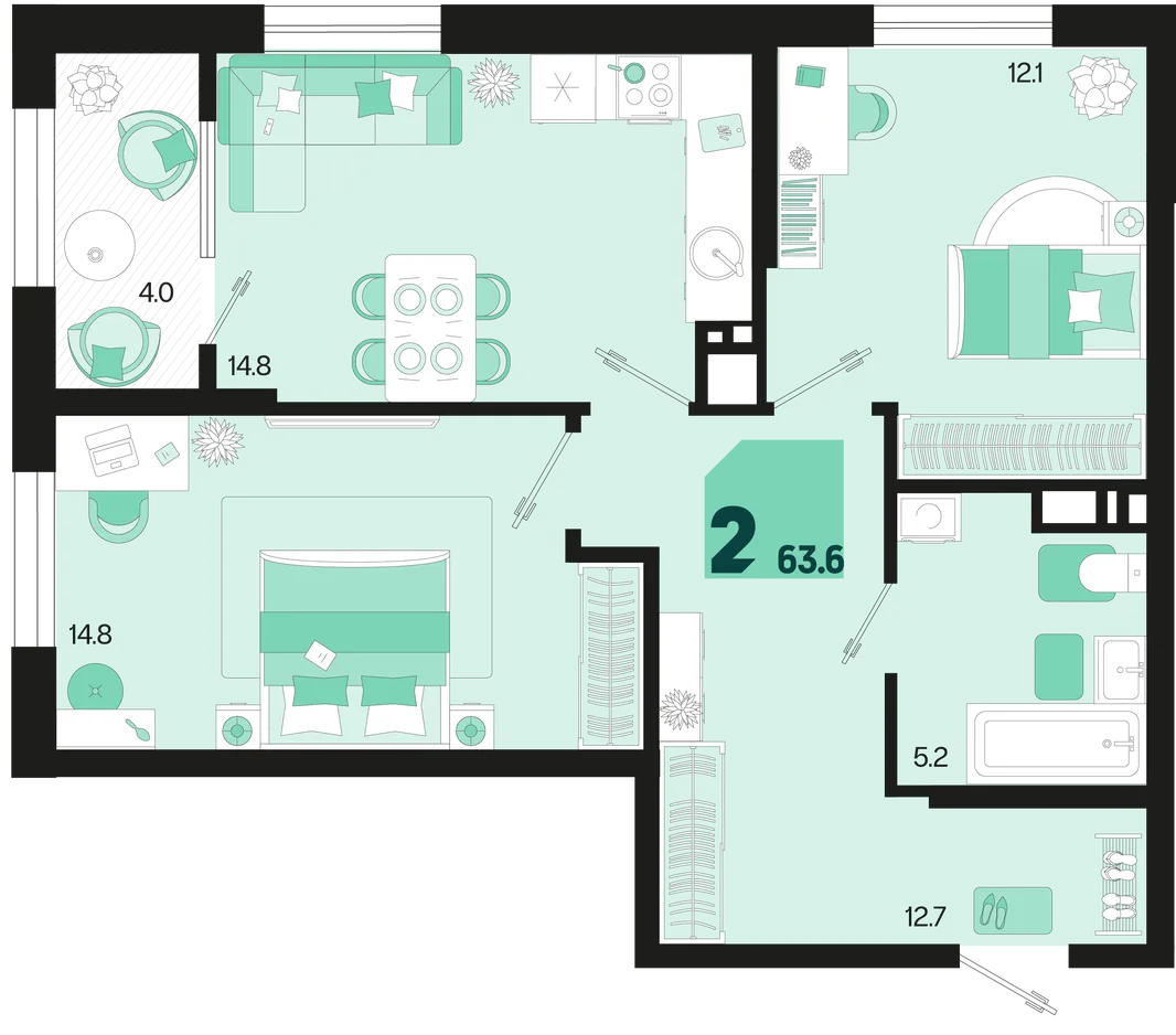 Планировка 2-комн. квартира, 63.6 м² ЖК «Первое место»