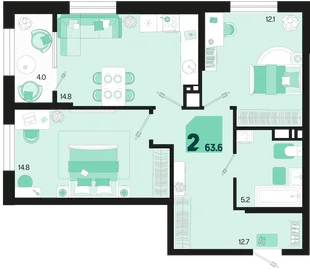 Планировка 2-комн. квартира, 63.6 м² ЖК «Первое место»