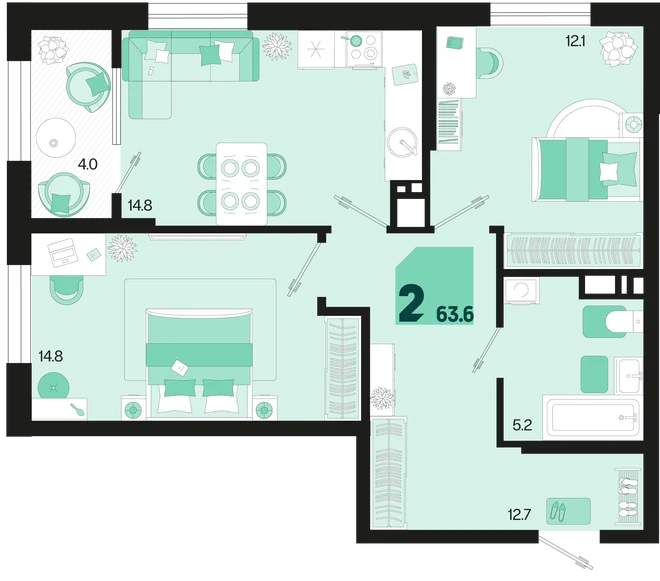 Планировка 2-комн. квартира, 63.6 м² ЖК «Первое место» Планировка 2-комн. квартира, 63.6 м² ЖК «Первое место»
