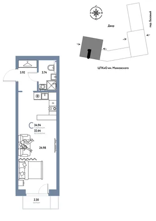 Планировка Студия, 34.94 м² ЖК «Сибирский сад»