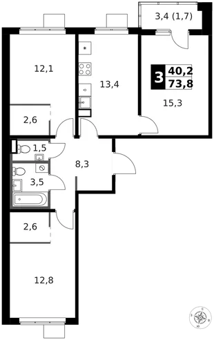 Квартира 3-комн. квартира, 74.7 м² ЖК «1-й Ясеневский» Фото 1 Квартира 3-комн. квартира, 74.7 м² ЖК «1-й Ясеневский» Фото 1