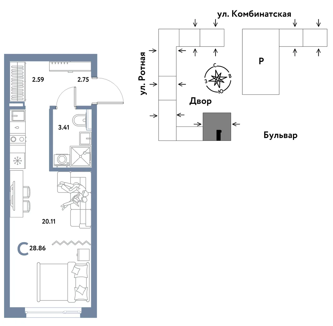 Планировка Студия, 28.86 м² ЖК «Уральский сад»