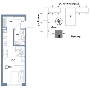 Планировка Студия, 28.86 м² ЖК «Уральский сад»