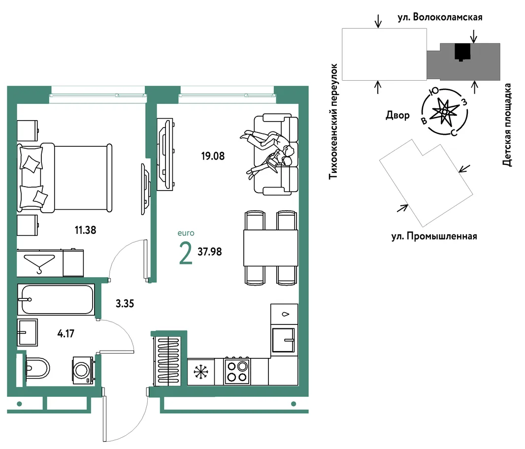 Планировка 2-комн. квартира, 37.98 м² ЖК «Страна Прибрежная»