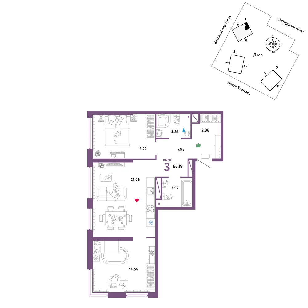 Планировка 3-комн. квартира, 66.19 м² ЖК «Сибирский сад»