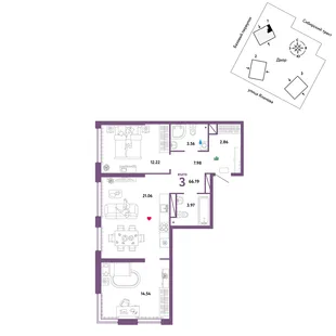 Планировка 3-комн. квартира, 66.19 м² ЖК «Сибирский сад»