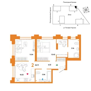 Планировка 2-комн. квартира, 53.71 м² ЖК «Микрорайон Звездный»