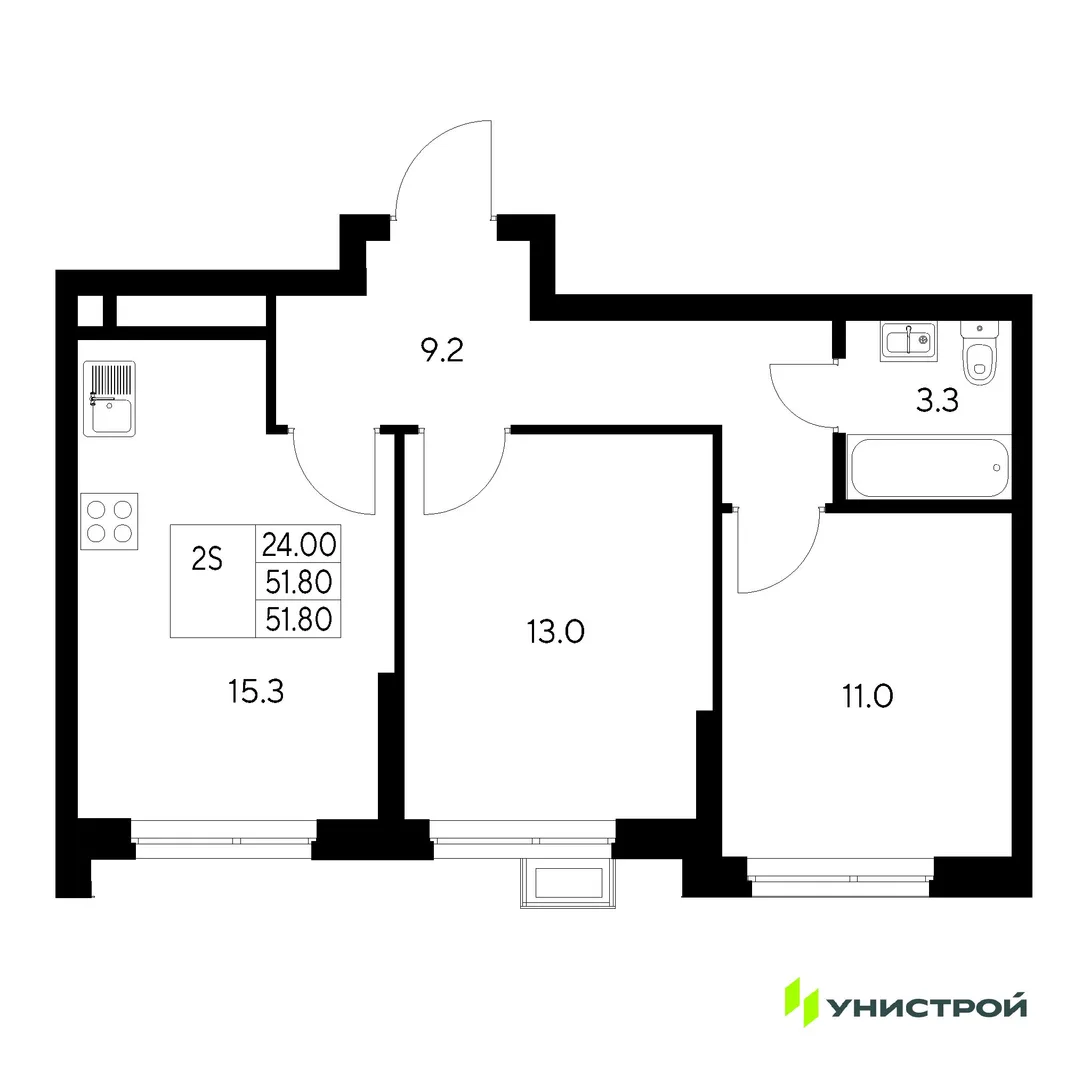 Планировка 2-комн. квартира, 51.8 м² ЖК «Стадиум»
