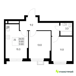 Планировка 2-комн. квартира, 51.8 м² ЖК «Стадиум»