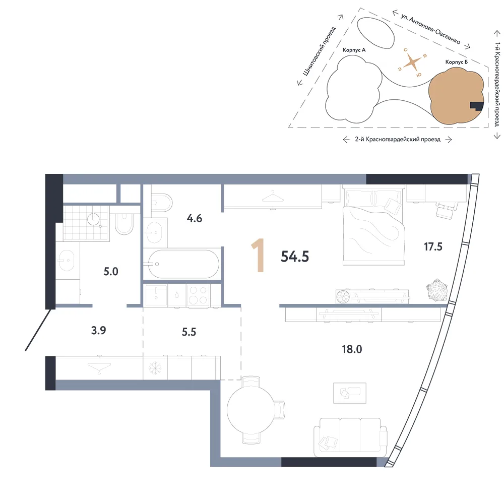 Планировка 1-комн. квартира, 54.5 м² ЖК «АУРУС Резиденции»