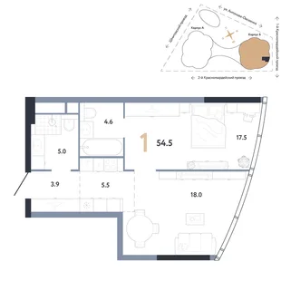 Планировка 1-комн. квартира, 54.5 м² ЖК «АУРУС Резиденции»