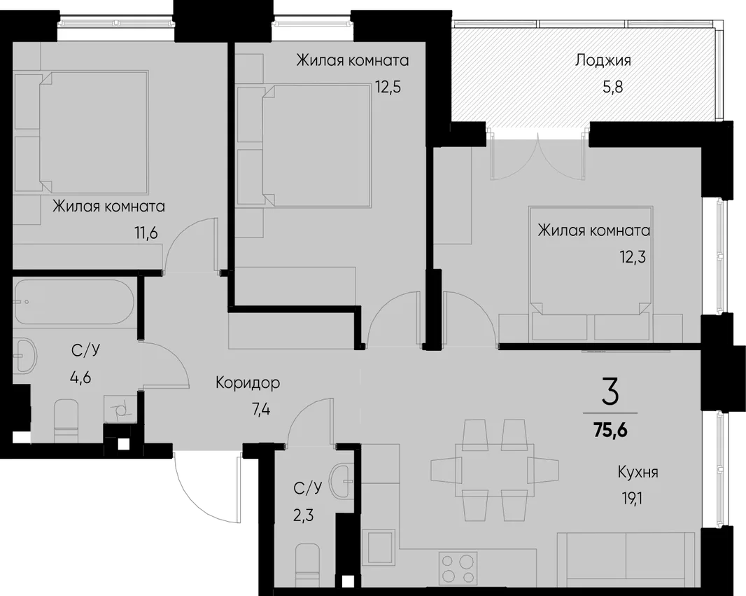 Планировка 3-комн. квартира, 75.5 м² ЖК «Васильевский остров»