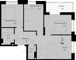 Планировка 3-комн. квартира, 75.5 м² ЖК «Васильевский остров»