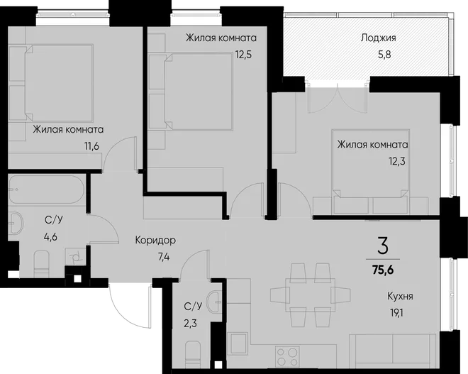 Планировка 3-комн. квартира, 75.4 м² ЖК «Васильевский остров» Планировка 3-комн. квартира, 75.4 м² ЖК «Васильевский остров»