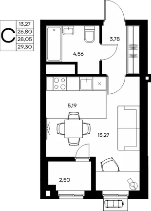 Планировка Студия, 29.99 м² ЖК «Прибрежный дом»