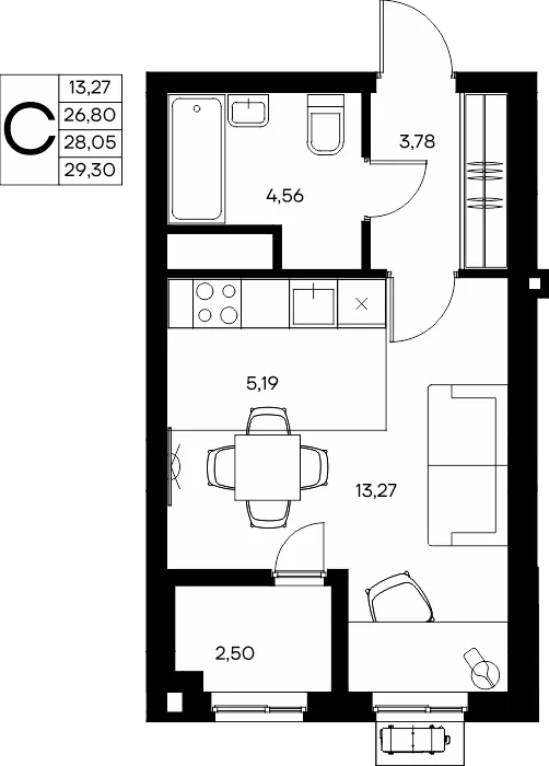 Планировка Студия, 29.99 м² ЖК «Прибрежный дом» Планировка Студия, 29.99 м² ЖК «Прибрежный дом»