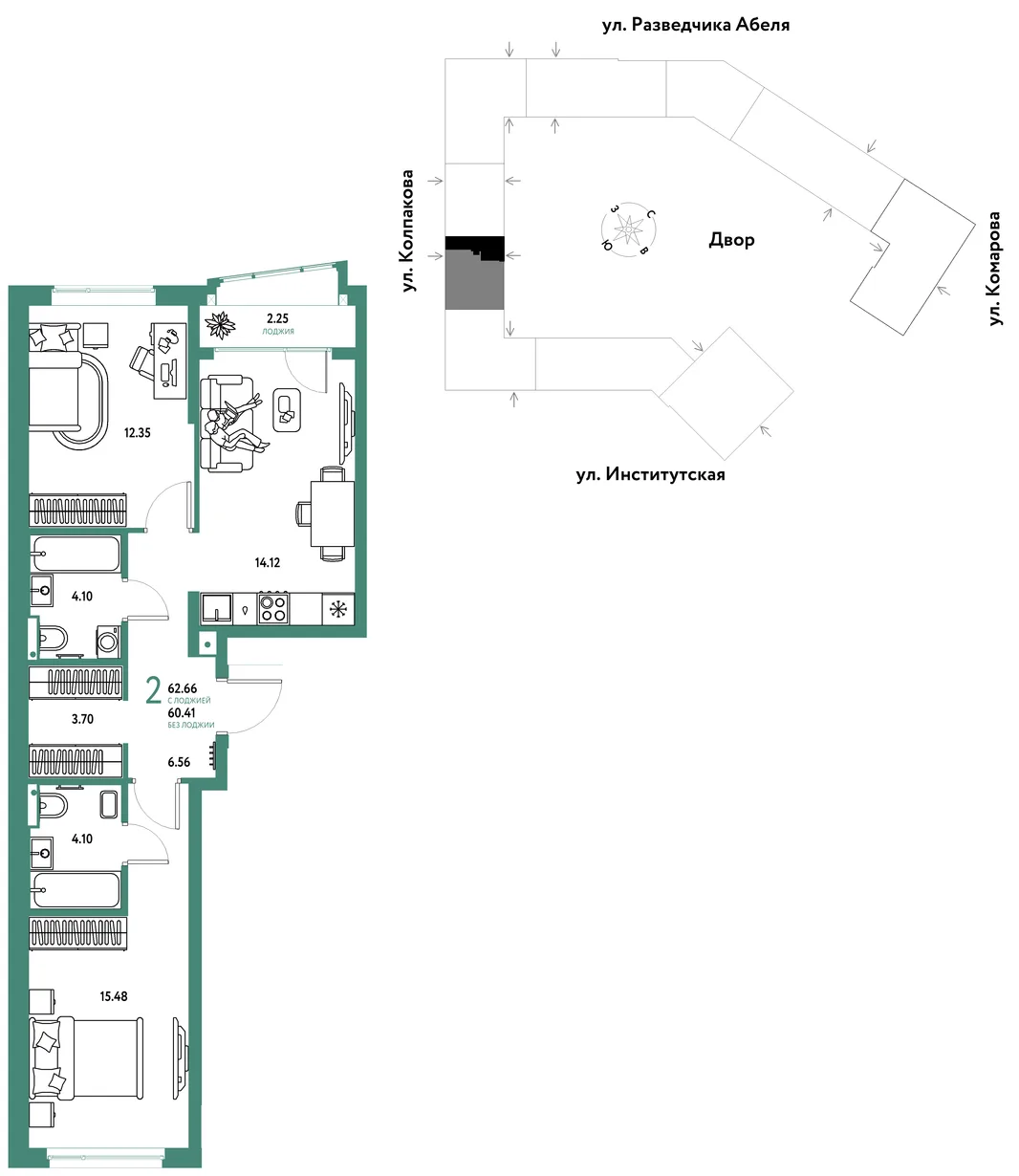 Планировка 2-комн. квартира, 62.66 м² ЖК «Страна.Парковая»