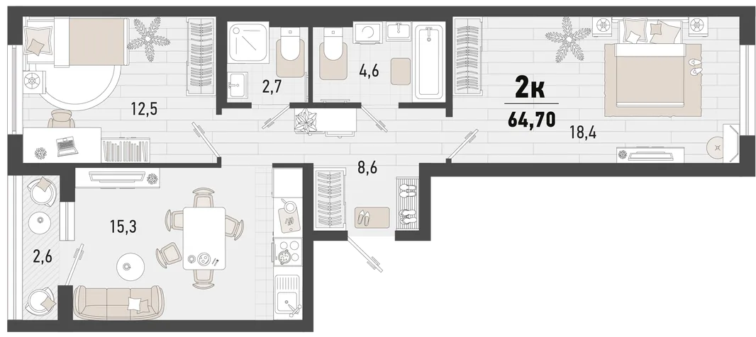Планировка 2-комн. квартира, 64.7 м² ЖК «Барса»
