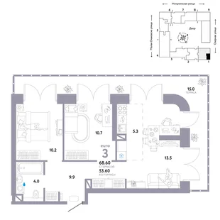 Планировка 3-комн. квартира, 68.6 м² ЖК «Страна.Озёрная»