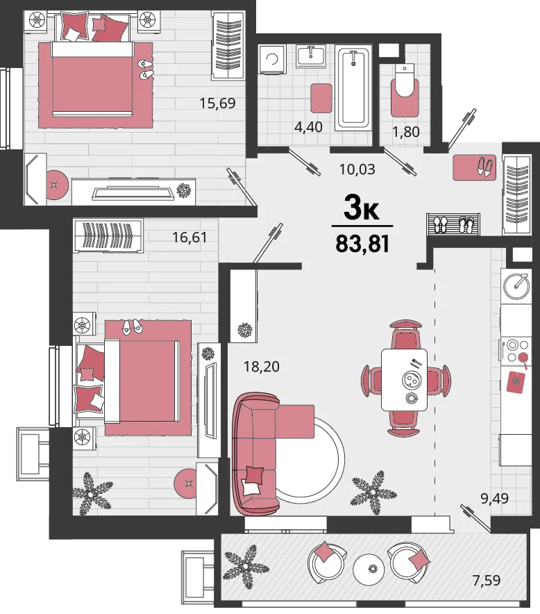 Планировка 3-комн. квартира, 83.81 м² ЖК «Родные просторы»