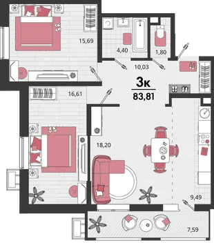Планировка 3-комн. квартира, 83.81 м² ЖК «Родные просторы»