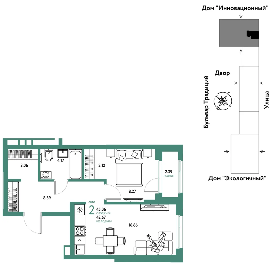 Планировка 2-комн. квартира, 45.06 м² ЖК «Микрорайон Домашний»