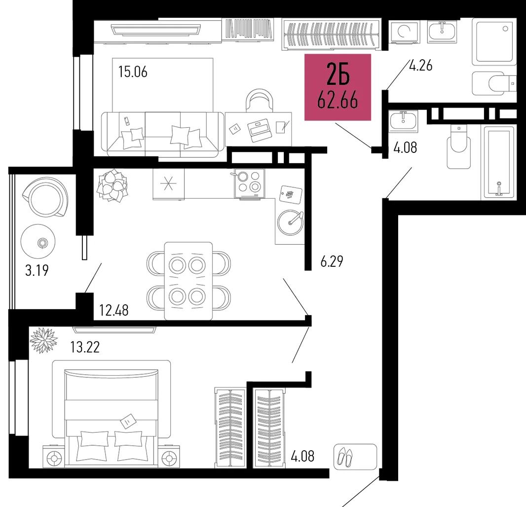 Планировка 2-комн. квартира, 62.66 м² ЖК «Столицыно»