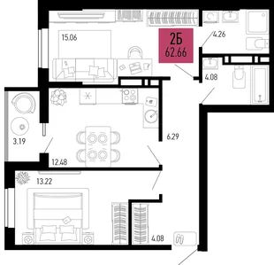 Планировка 2-комн. квартира, 62.66 м² ЖК «Столицыно»