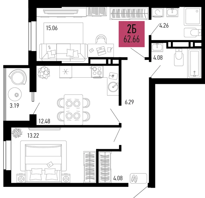 Планировка 2-комн. квартира, 62.66 м² ЖК «Столицыно» Планировка 2-комн. квартира, 62.66 м² ЖК «Столицыно»