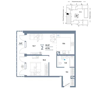Планировка 2-комн. квартира, 53.37 м² ЖК «Страна.Озёрная»