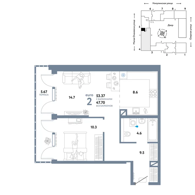 Планировка 2-комн. квартира, 53.37 м² ЖК «Страна.Озёрная» Планировка 2-комн. квартира, 53.37 м² ЖК «Страна.Озёрная»