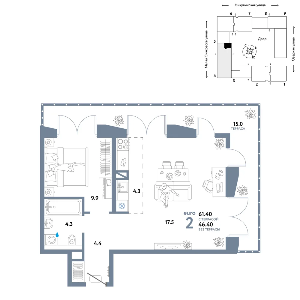 Планировка 2-комн. квартира, 61.4 м² ЖК «Страна.Озёрная»