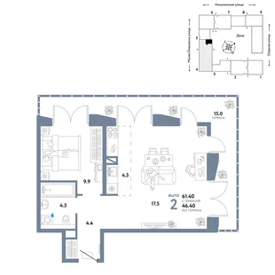 Планировка 2-комн. квартира, 61.4 м² ЖК «Страна.Озёрная»