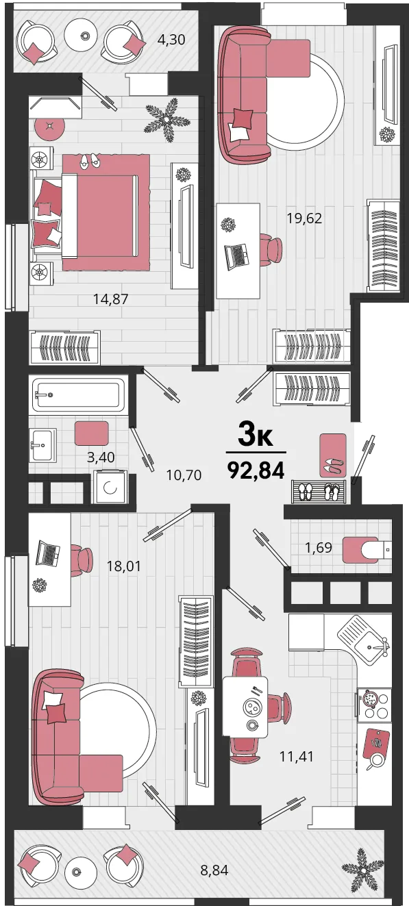 Планировка 3-комн. квартира, 92.84 м² ЖК «Родные просторы»