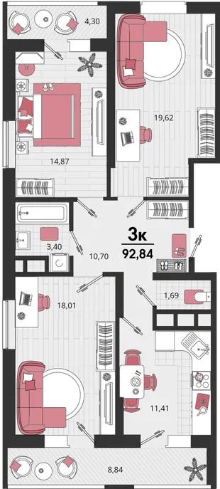 Планировка 3-комн. квартира, 92.84 м² ЖК «Родные просторы»