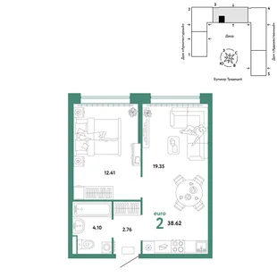 Планировка 2-комн. квартира, 38.62 м² ЖК «Микрорайон Домашний»
