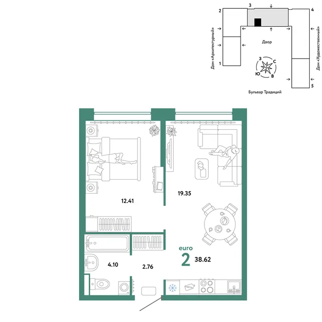 Планировка 2-комн. квартира, 38.62 м² ЖК «Микрорайон Домашний» Планировка 2-комн. квартира, 38.62 м² ЖК «Микрорайон Домашний»
