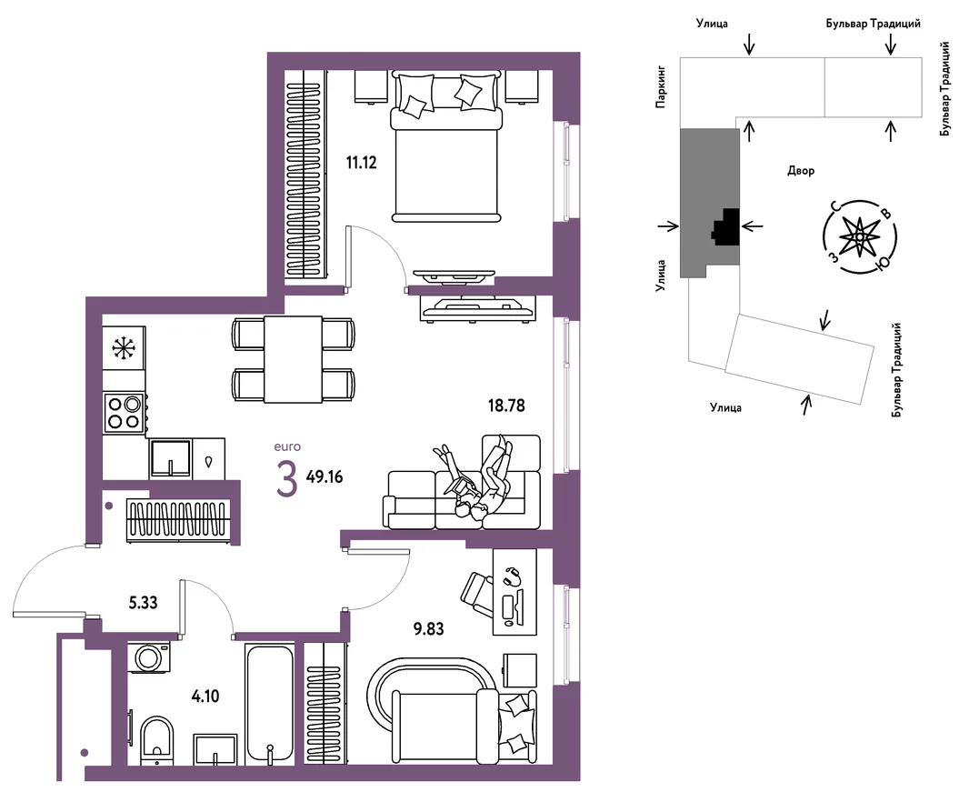Планировка 3-комн. квартира, 49.16 м² ЖК «Микрорайон Домашний»