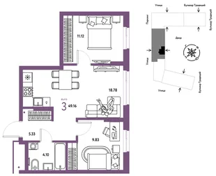 Планировка 3-комн. квартира, 49.16 м² ЖК «Микрорайон Домашний»